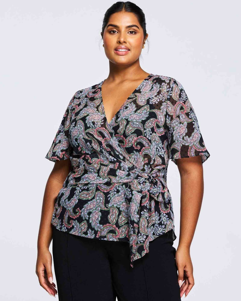 Front of a model wearing a size 22W Maya Paisley Top in Print by Estelle. | dia_product_style_image_id:302100